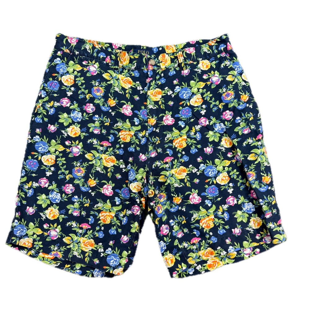 Polo Ralph Lauren Shorts Mens 33 Navy Blue Floral Linen‎ Cotton Blend Flat Front